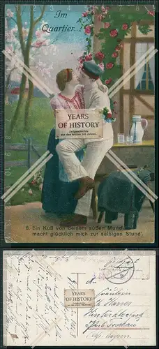 AK 1. WK Soldat Liebespaar im Quartier ein Kuss süßen Mund 1918 Feldpost gela