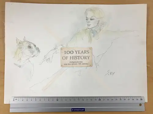 Orig. Zeichnung Bleistift Aquarell Charlotte Flemming mit Hund Kati ca. 34 x 24
