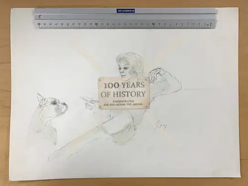 Orig. Zeichnung Bleistift Aquarell Charlotte Flemming mit Hund Kati ca. 40 x 30