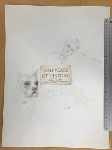 Orig. Zeichnung Bleistift Aquarell Charlotte Flemming mit Hund Kati ca. 40 x 30