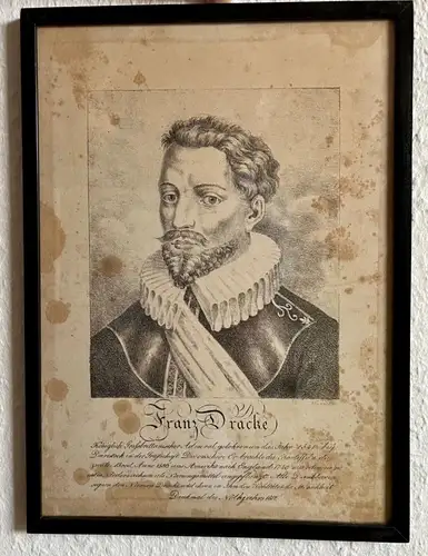 Franz Dracke Francis Drake Admiral original Lithographie Kupferstich Kunstdruck