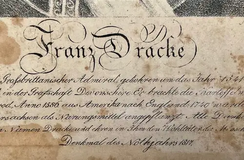 Franz Dracke Francis Drake Admiral original Lithographie Kupferstich Kunstdruck