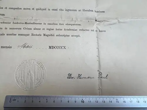 Orig Urkunde o.ä. 55x37 Ludwig-Maximilians-Universität München 1910 Präge Siegel