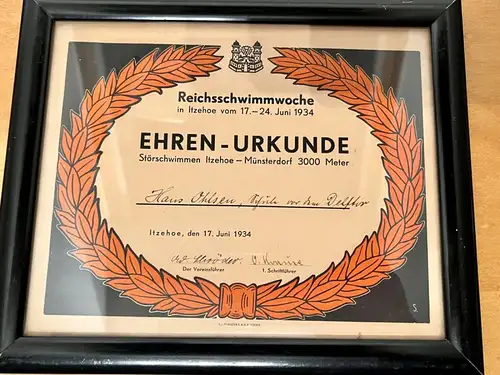 Ehren Urkunde Schwimmwoche Itzehoe - Münsterdorf 3000 Meter Störschwimmen 1934