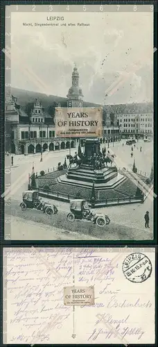 AK Leipzig Markt Siegesdenkmal Rathaus PKW Oldtimer 1915 Feldpost gelaufen