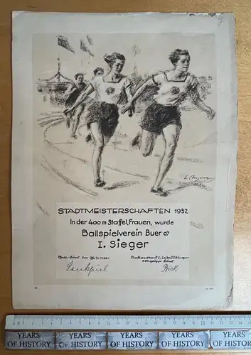 Sieger Urkunde 1932 Stadtmeisterschaften 400 m Frauen Staffel Gelsenkirchen Buer