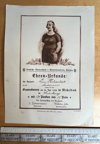 Urkunde Turnen FFFF Deutsche Turnerschaft Aargau Michelbach 1928 a. Niederneisen