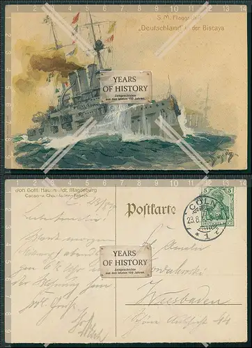 AK S. M. Flaggschiff Deutschland in der Biscaya sign. Hans Bohrdt Schokoladenfa