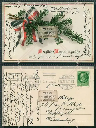 AK Schleife mit Tannengrün Neujahrsgrüße patriotische Karte 1915 gelaufen M�
