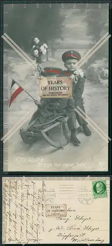 AK 1. WK patriotische Karte Jungs in Uniform auf Schlitten 1915 gelaufen glück