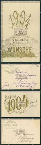 AK 2x Jahreszahl 1904 Lithographie Präge Karte in Gold