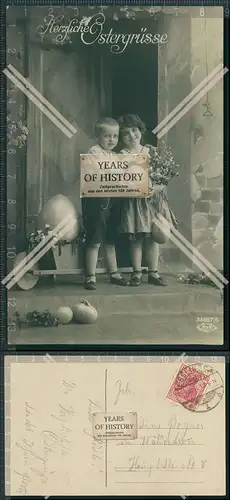 AK Ostern kleine Kinder mit Ostereier Blumen 1919 gelaufen