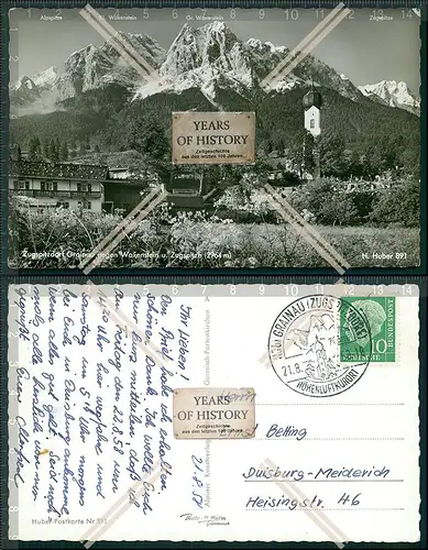 Foto AK Zugspitze Grainau Waxenstein Alpenblick Dorf Ansicht mit Kirche Karte g