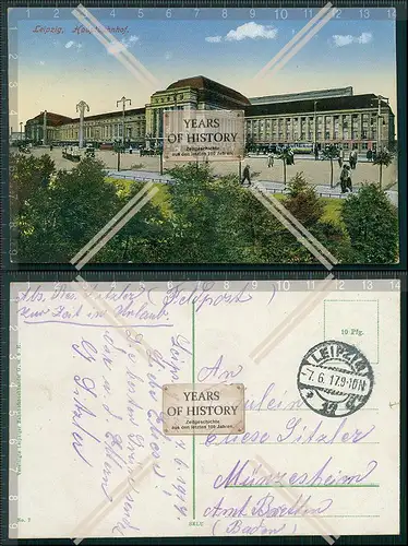 AK Leipzig Hauptbahnhof Vorplatz Straßenbahn Kutsche Droschke 1917 Feldpost ge