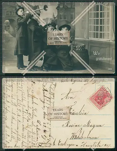Foto AK 1910 wir gratulieren Scherz Humor vier Männer mit Trompete Trommel gel