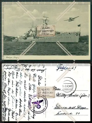 Orig. AK Kreuzer Leipzig Kriegsschiff Feldpost 1943 gelaufen Stempel Schiffskom