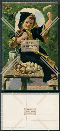 AK Gruss München Münchner Kindl Bierkrug Weißwurst Brezel 