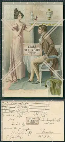 AK Litho Künstler Mädchen junge Dame Herrenbesuch 1913 gelaufen Ansbach 