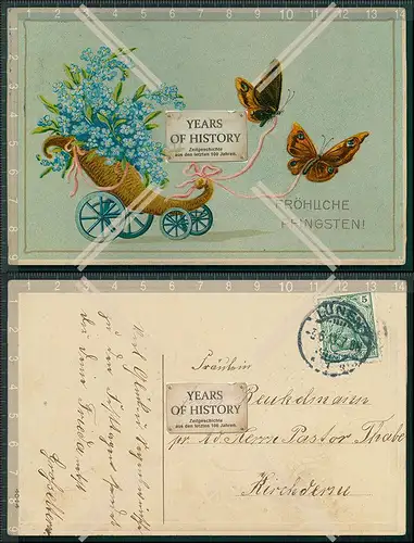AK Präge Litho Pfingsten Schmetterlinge ziehen Füllhorn Karren 1911 gelaufen