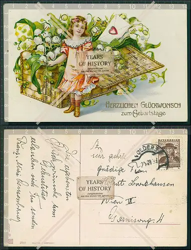 AK Präge Litho Geburtstag Goldrand Mädchen mit Blumen 1910 gelaufen