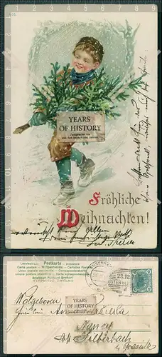 AK Präge Litho Weihnachten Junge mit Tannen grün 1905 gelaufen
