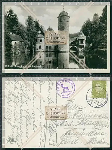 Foto AK Schloss Mespelbrunn im Spessart 1933 gelaufen Sonderstempel vom Schloss