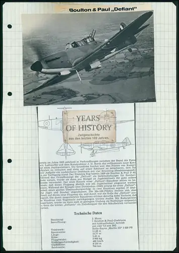 Foto Druck Datenblatt Flugzeug airplane aircraft Boulton Paul Defiant war ein zw