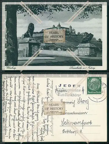 AK Würzburg Löwenbrücke mit Festung 1936 gelaufen Sonderstempel