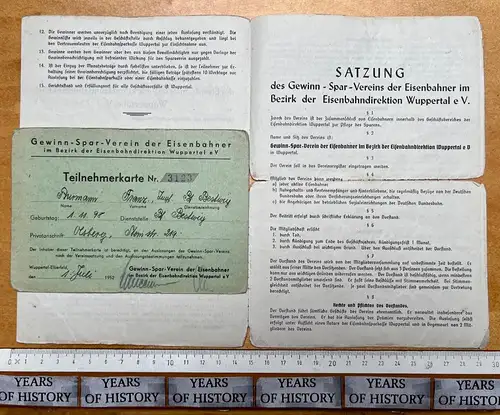 Eisenbahn Doku. ab 1916-50er Bescheinigungen Wuppertal Gewinn Spar Verein Kasse