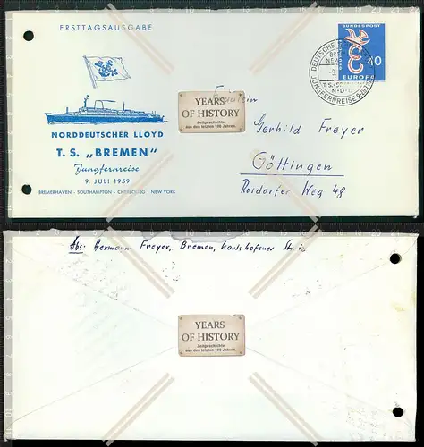 Briefmarke Stempel Brief Ersttagsausgabe Norddeutscher Lloyd T.S. Bremen Jungfer