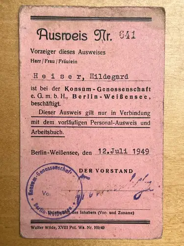 Nachlass Dokumente Ausweispapiere ab Juli 1945 Hildegard Heiser Hamburg DDR uvm.