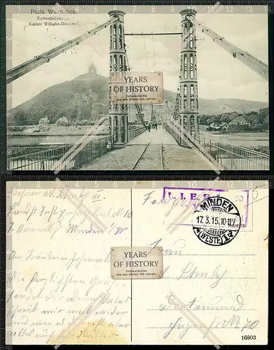 Orig. AK Porta Westfalica Kettenbrücke Kaiser Wilhelm Denkmal gel.