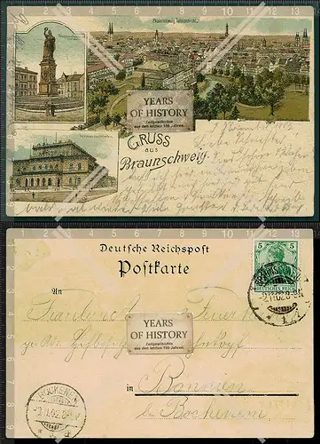 Orig. AK Litho Gruß aus Braunschweig Siegessäule Hoftheater gelaufen 1902