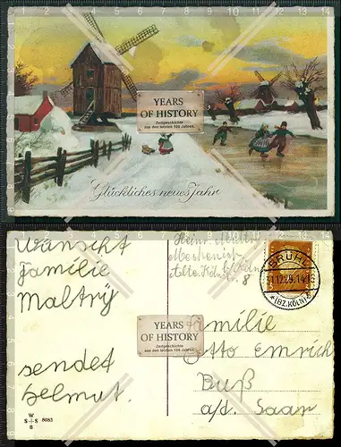 Orig. AK  Windmühle Winter Schlittschuhläufer Holland neu Jahr gel. 1929