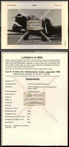 Datenblatt PAWLAS Flugzeug airplane aircraft Junkers Ju 52 Verkehrsflugzeug Date