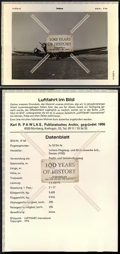 Datenblatt PAWLAS Flugzeug airplane aircraft Junkers Ju 52 Verkehrsflugzeug Date