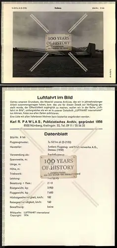 Datenblatt PAWLAS Flugzeug airplane aircraft Junkers Ju 52 Frachtflugzeug Datenb