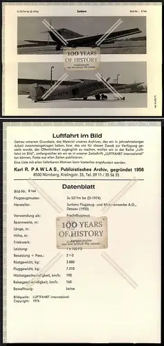 Datenblatt PAWLAS Flugzeug airplane aircraft Junkers Ju 52 Frachtflugzeug Datenb