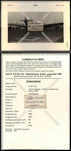 Datenblatt PAWLAS Flugzeug airplane aircraft Junkers Ju 52 Frachtflugzeug Datenb