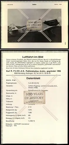 Datenblatt PAWLAS Flugzeug airplane aircraft Junkers A 35 S Kapfflugzeug Datenbl