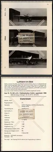 Datenblatt PAWLAS Flugzeug airplane aircraft Junkers J 2 Jagdflugzeug Datenblatt
