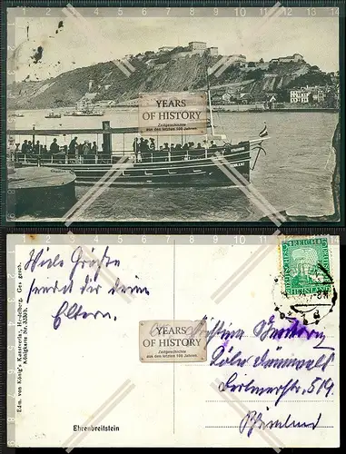 Orig. AK Koblenz Dampfschiff Dampfer Rhein Mosel Ehrenbreitstein 1926 gelaufen