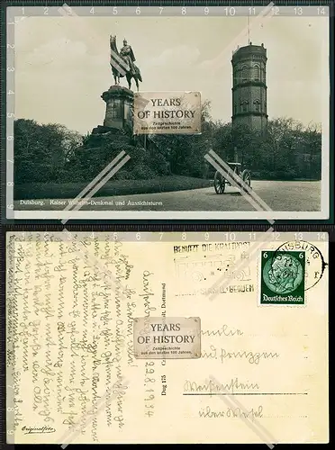 Orig. AK Duisburg Kaiser Wilhelm Denkmal mit Aussichtsturm 1934 gelaufen
