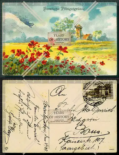 Orig. AK herzliche Pfingstgrüße Landschaft im Vordergrund mit Mohnblumen und