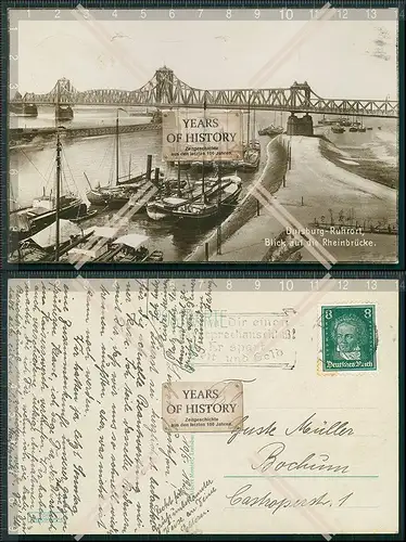 Foto AK Duisburg Ruhrort Rheinbrücke mit Boote Schiff 1928 gelaufen