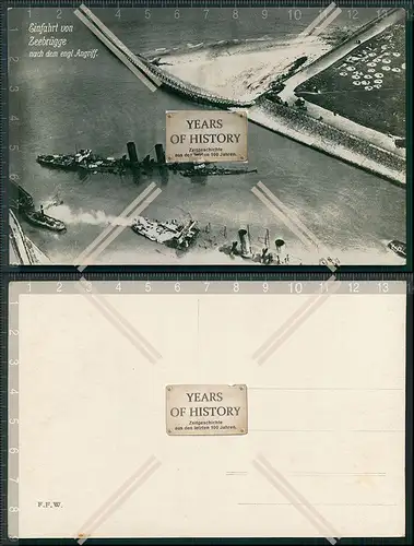 Foto AK 1.WK Zeebrügge Hafeneinfahrt nach englischen Angriff Luftbild 1916 Bel