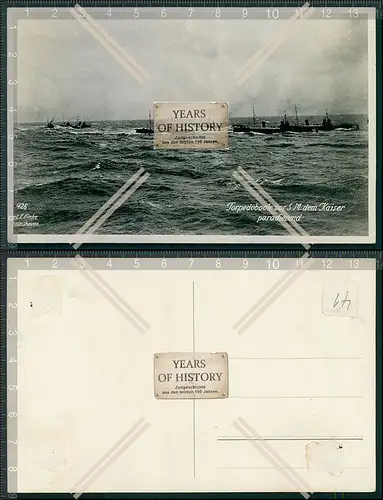 Foto AK 1.WK Torpedoboote vor S.M. dem Kaiser paradierend Finke Wilhelmshaven