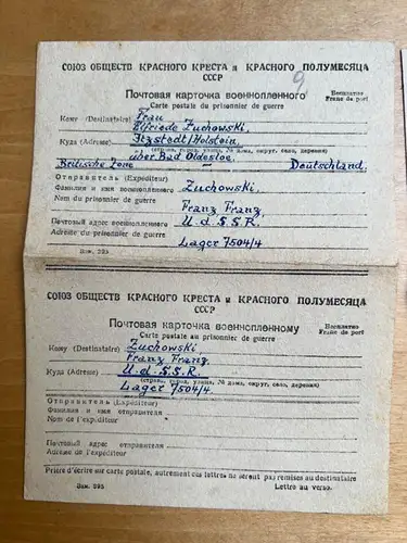 Gefangenenpost DRK Brief POW UDSSR Moskau n. Itzstedt Oldesloe Fam. Zuchowski B8