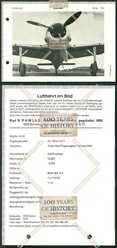 Orig. 21x15cm Hochglanz Datenblatt Flugzeug Fw 190 A-1/U 1 airplane aircraft