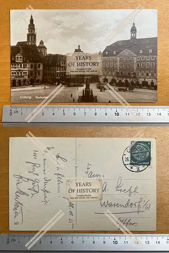 Foto  AK Coburg Marktplatz mit Rathaus 1935 gelaufen